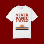 Never Panic Just Pray T‑Shirt — Retro Sunset Faith Tee
