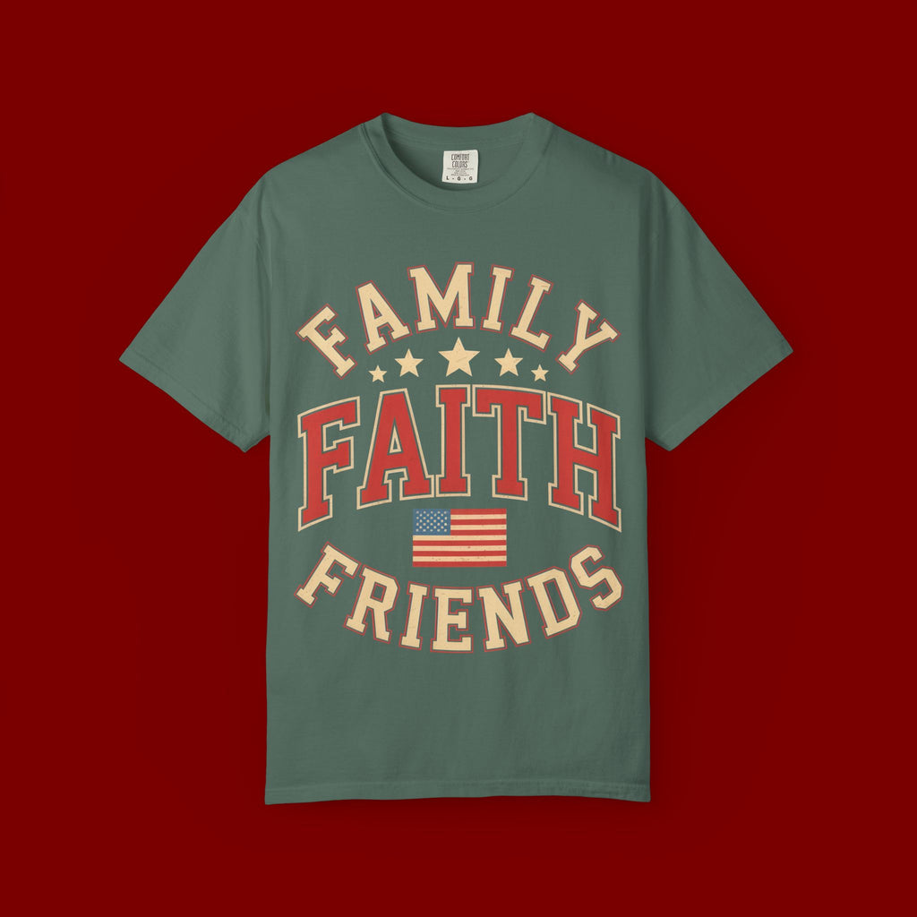 Family Faith Friends T-Shirt — Patriotic American Flag Tee
