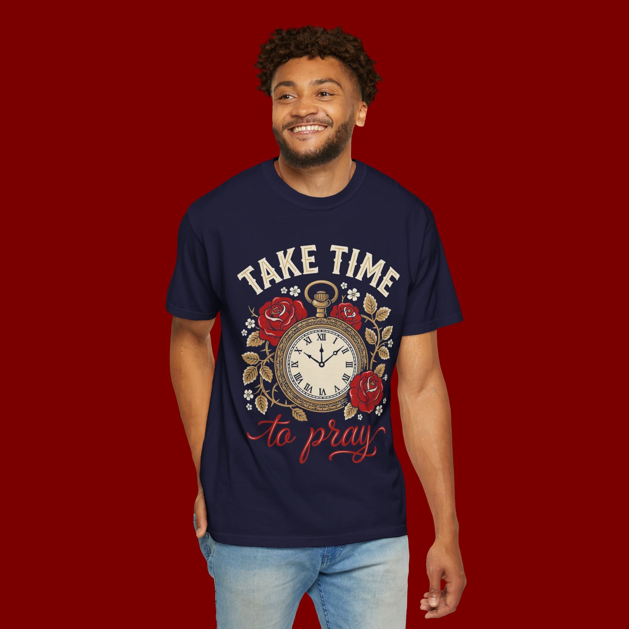 Take Time to Pray Pocket Watch T-Shirt — Faith-Based Floral Christian Tee