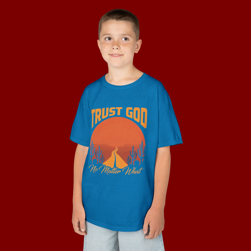 Kids Tee — "Trust God No Matter What" Sunset Camping Graphic