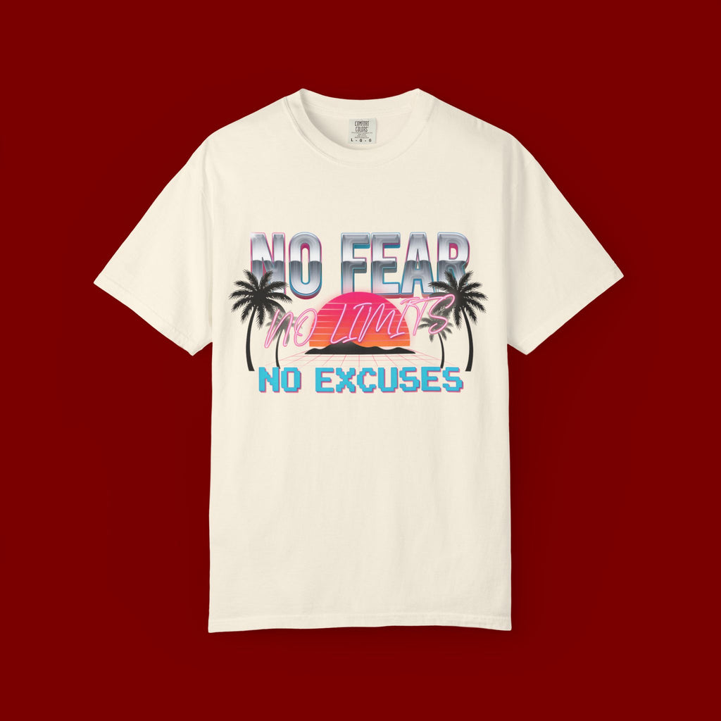 No Fear, No Excuses T-Shirt — Retro Sunset Palm Graphic Tee