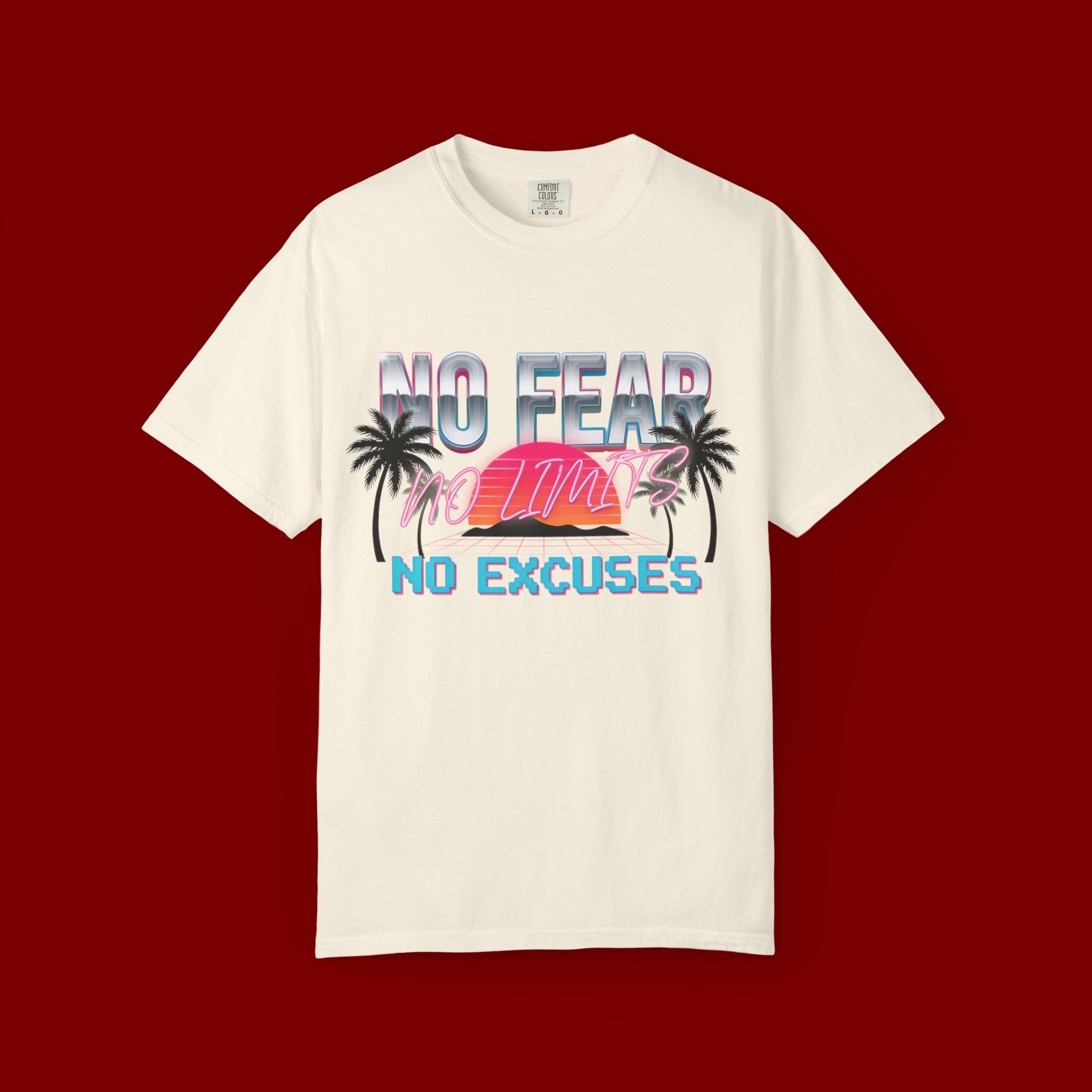 No Fear, No Excuses T-Shirt — Retro Sunset Palm Graphic Tee