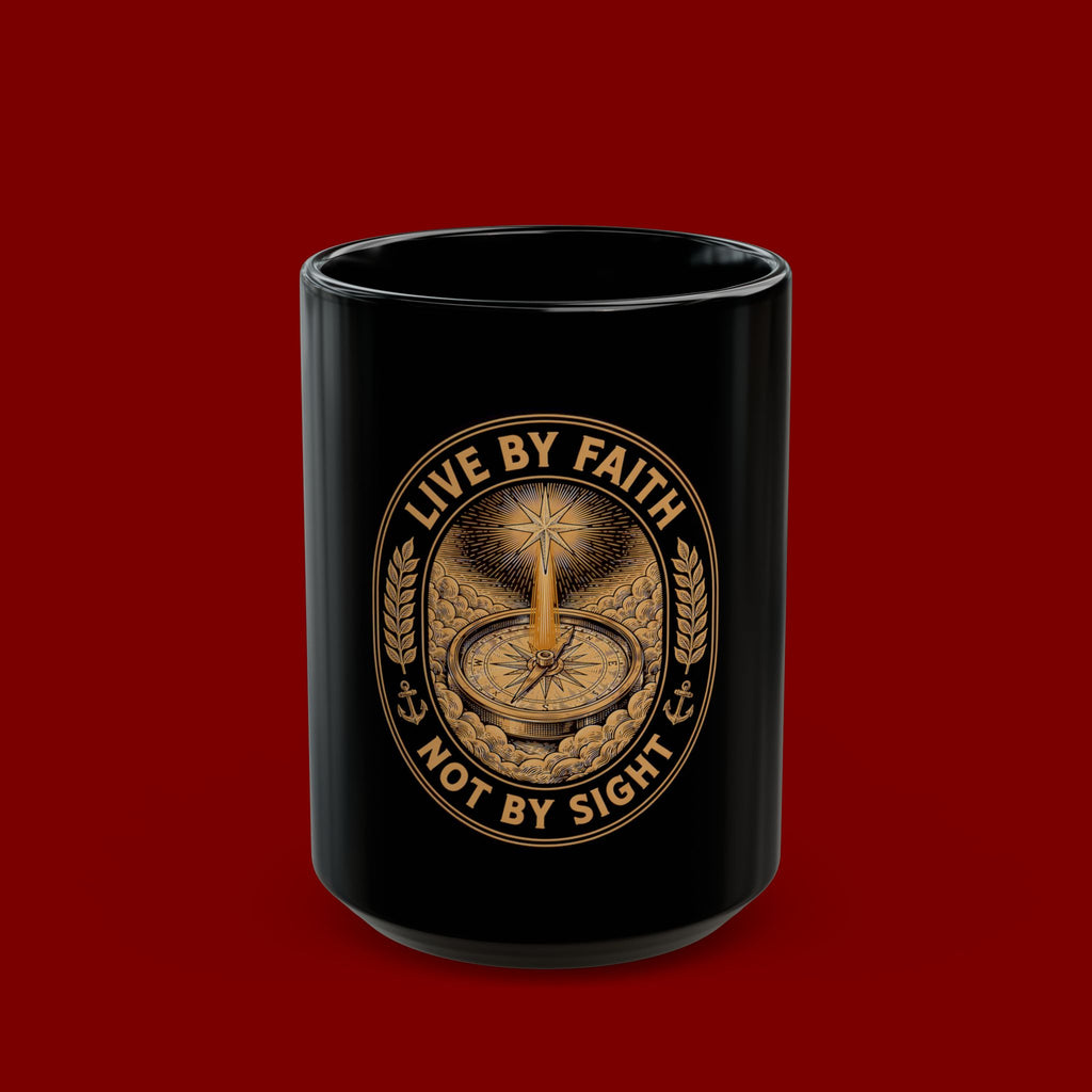 Live by Faith Black Mug — Inspirational Christian Coffee Cup ("Live by Faith Not by Sight")