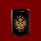 Live by Faith Black Mug — Inspirational Christian Coffee Cup ("Live by Faith Not by Sight")