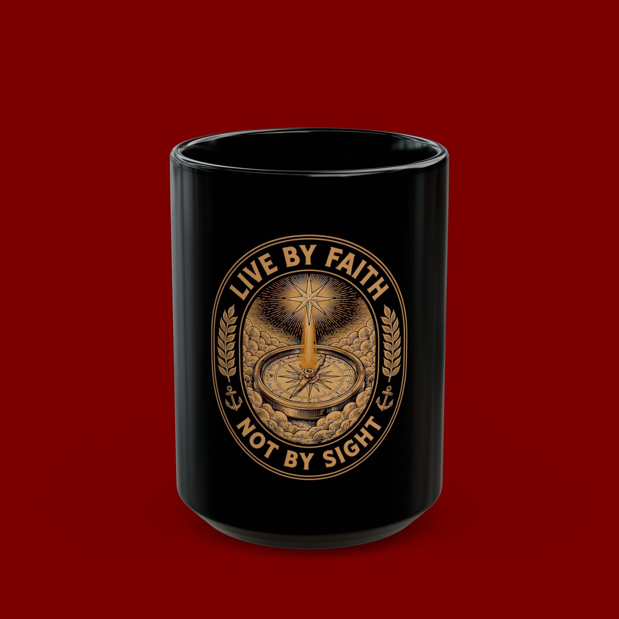 Live by Faith Black Mug — Inspirational Christian Coffee Cup ("Live by Faith Not by Sight")