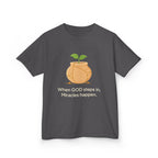 Kids Tee — "When GOD steps in, Miracles happen." Inspirational Christian T‑Shirt with Sprout Pot Design