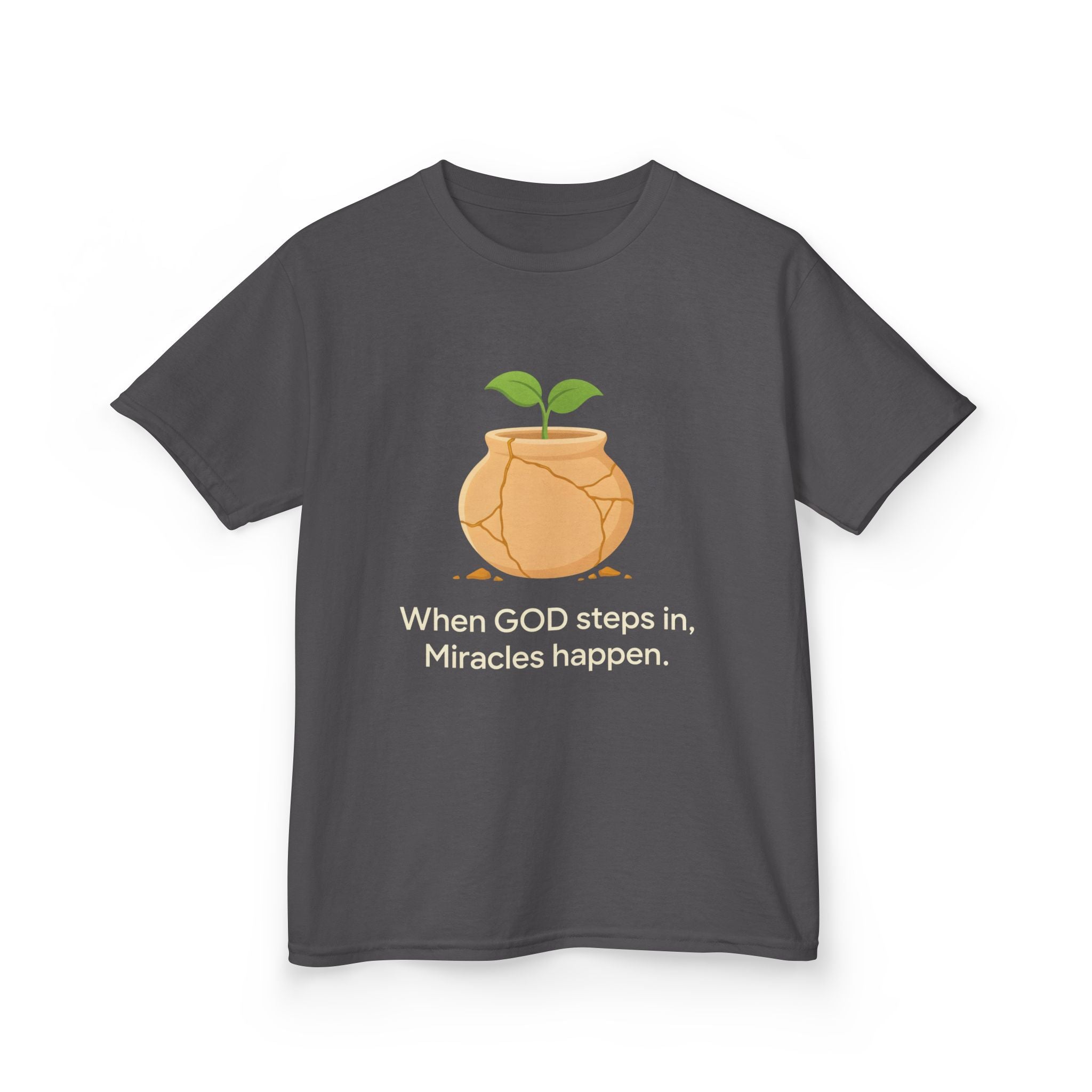 Kids Tee — "When GOD steps in, Miracles happen." Inspirational Christian T‑Shirt with Sprout Pot Design