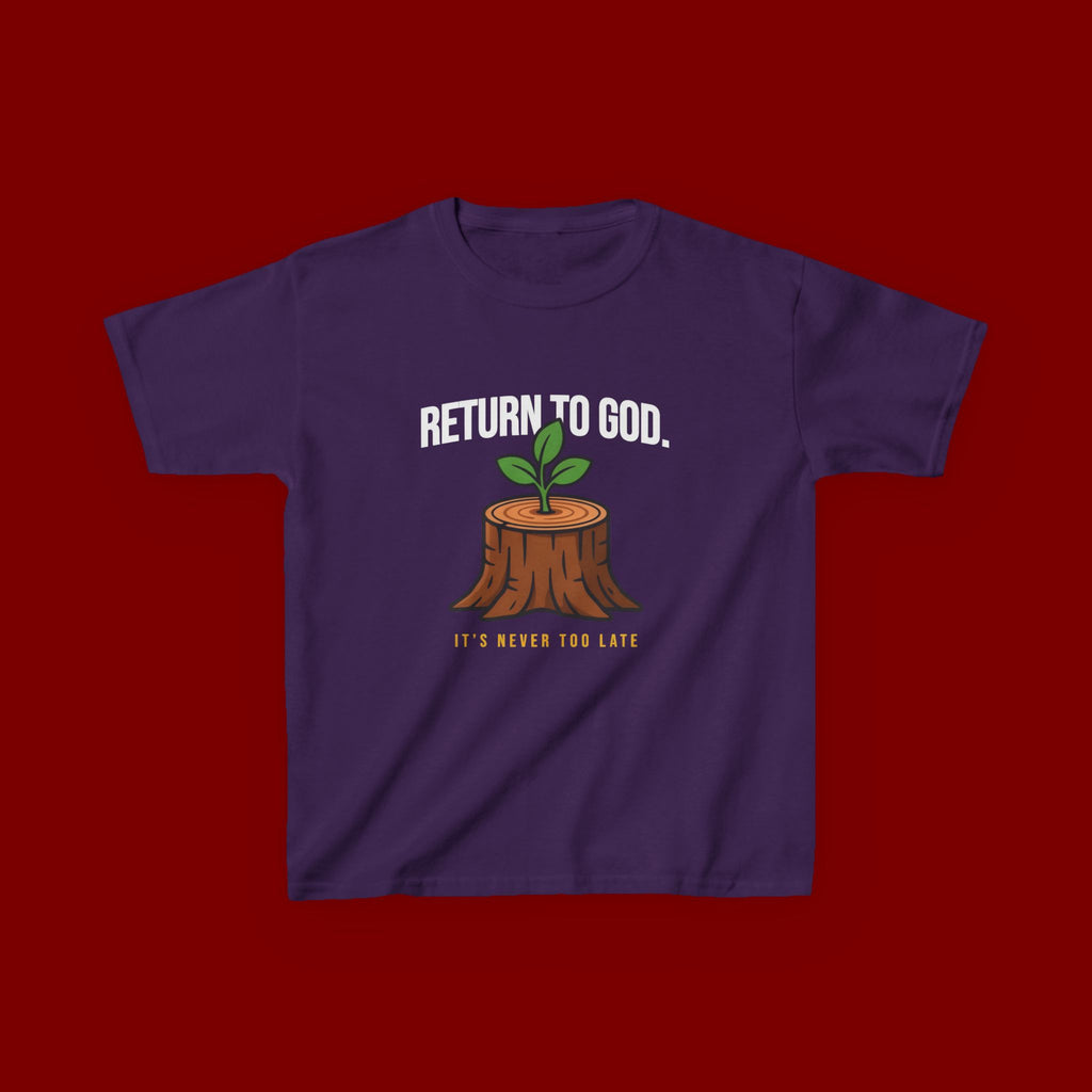 Return to God Kids T-Shirt – Tree Stump with Sprout, “It’s Never Too Late” Inspirational Youth Tee