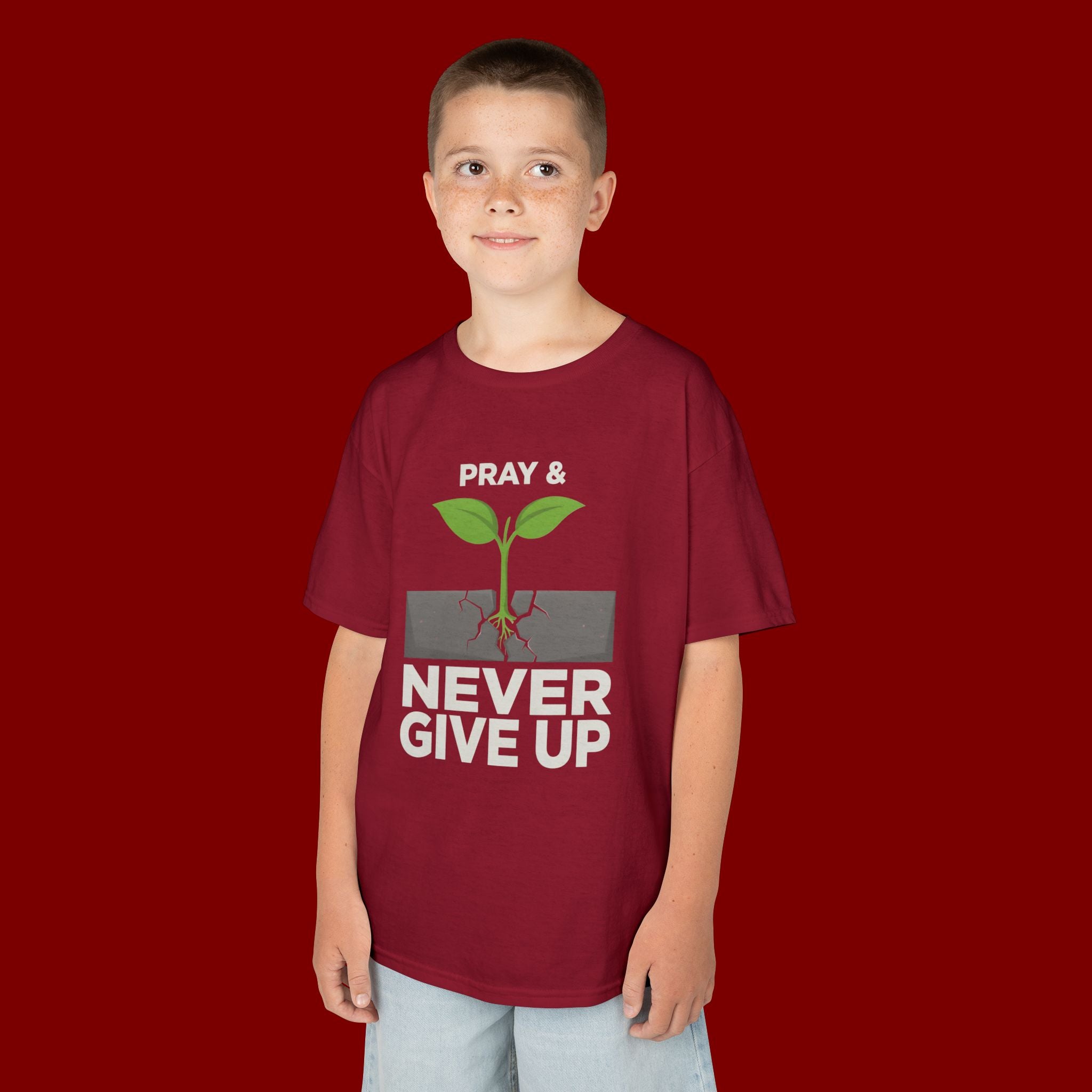 Kids Tee – "Pray & Never Give Up" Inspirational Plant Graphic