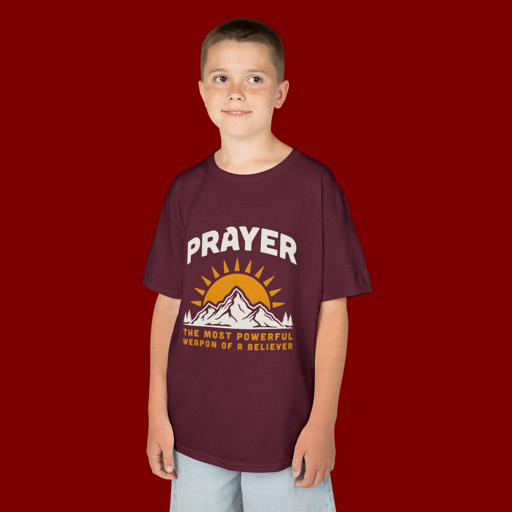 Kids Tee — "Prayer: The Most Powerful Weapon of a Believer" Mountain Sun Graphic