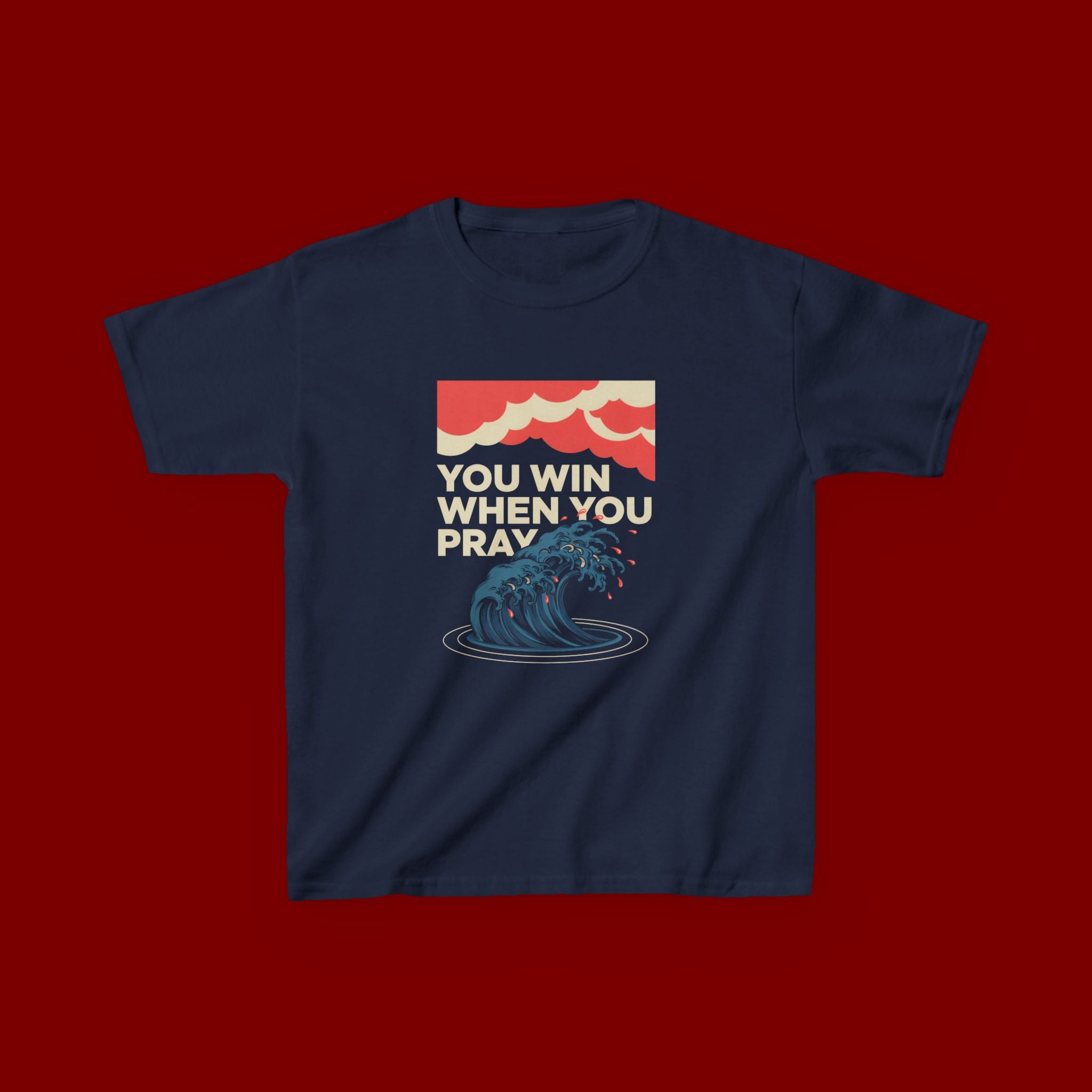 Kids Tee – “You Win When You Pray” Retro Wave Ocean Graphic