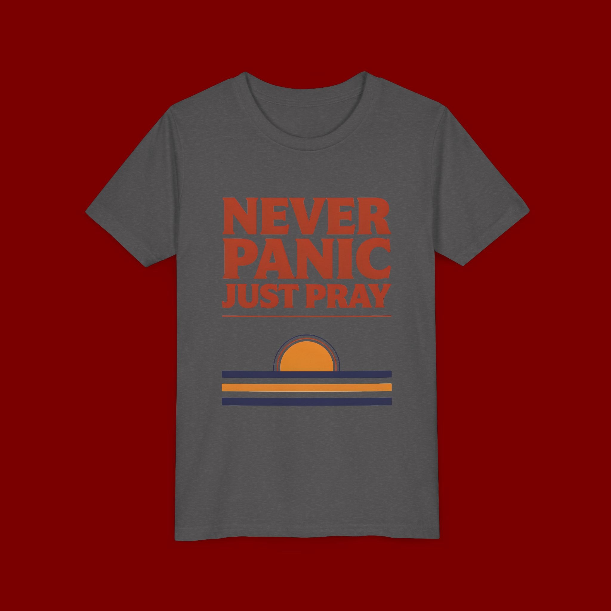 Youth Tee — "Never Panic Just Pray" Retro Sunset Kids T-Shirt