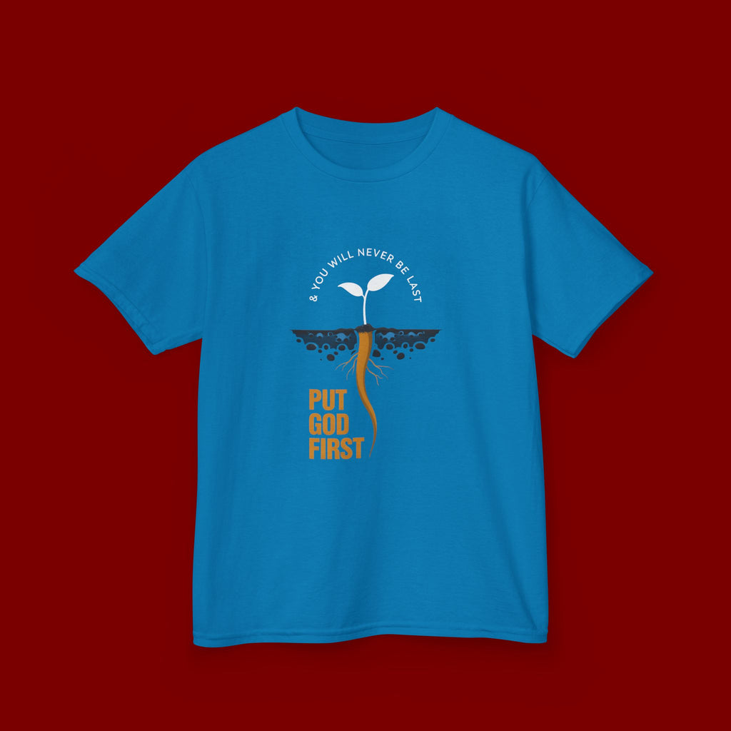 Kids T‑Shirt — 'Put God First' Religious Sprout Graphic Tee (Christian Youth)