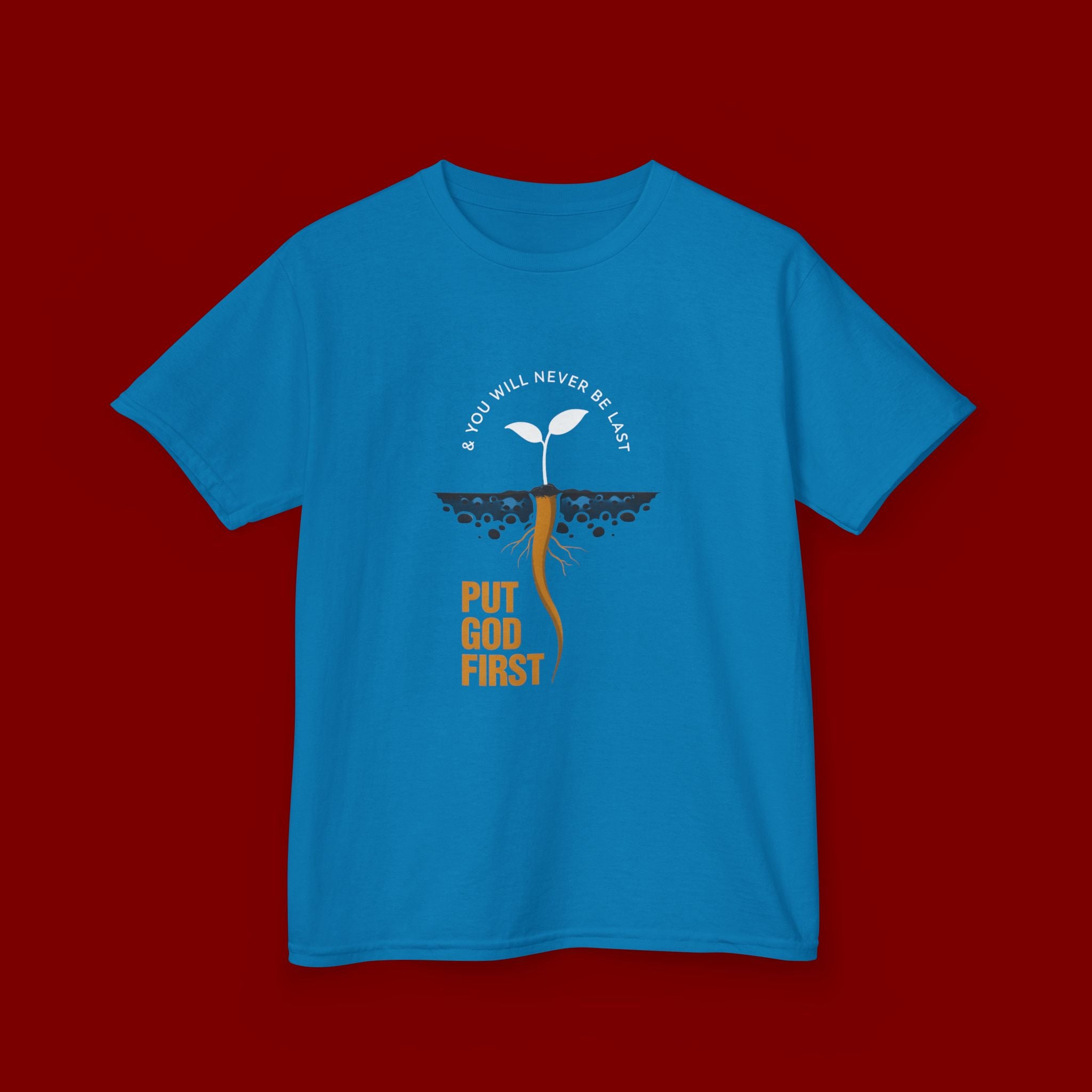 Kids T‑Shirt — 'Put God First' Religious Sprout Graphic Tee (Christian Youth)