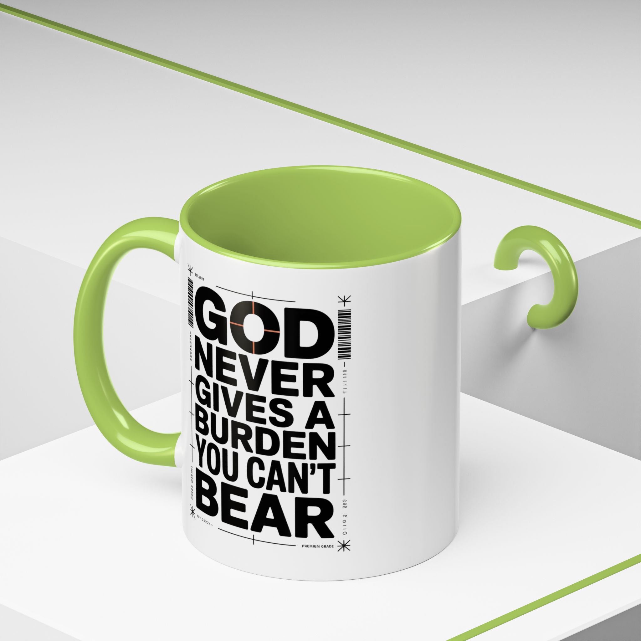 Inspirational Accent Mug – “God Never Gives a Burden You Can’t Bear”