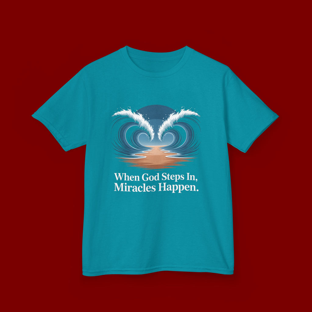 Kids Tee — “When God Steps In, Miracles Happen” Wave Heart Faith Shirt