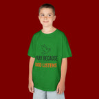 Kids T-Shirt — "Pray Because God Listens" Christian Faith Tee with Dove Graphic