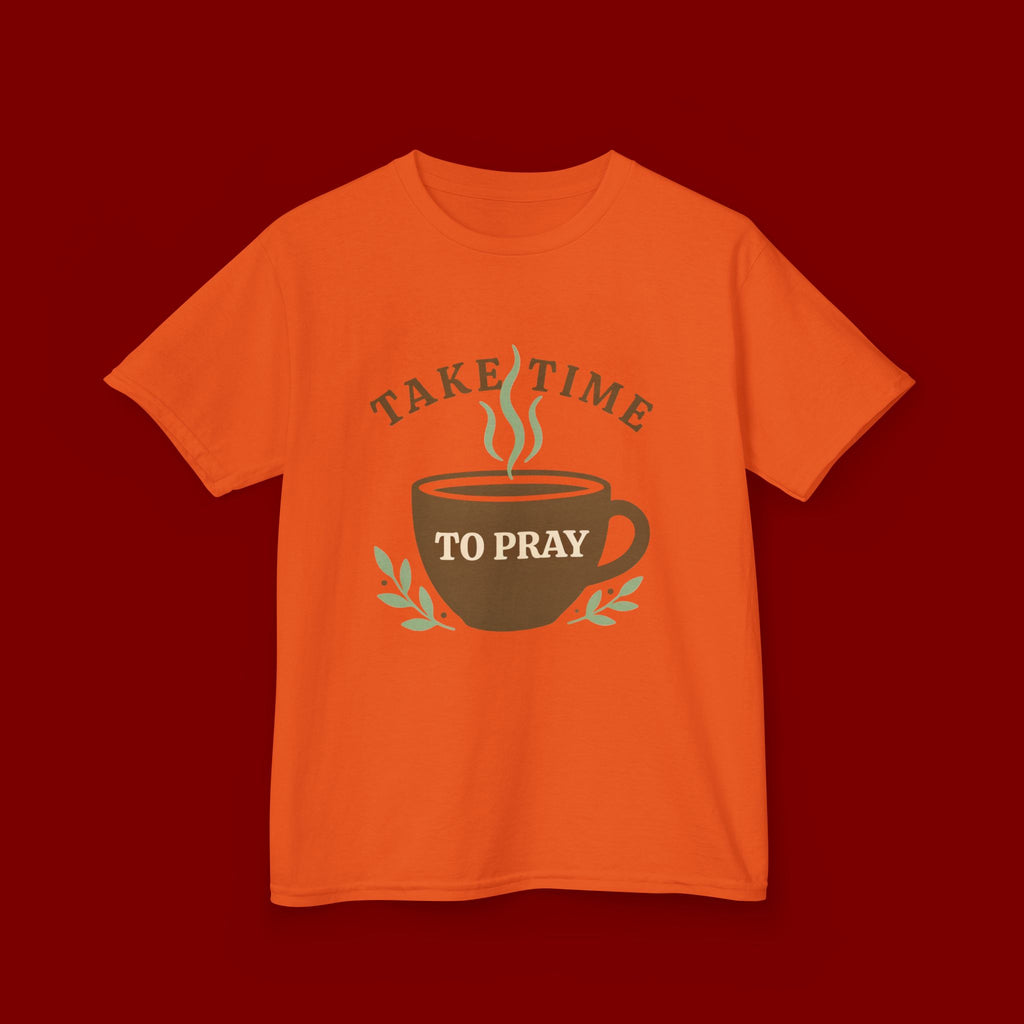 Kids Tee — "Take Time to Pray" Coffee Cup Faith Graphic
