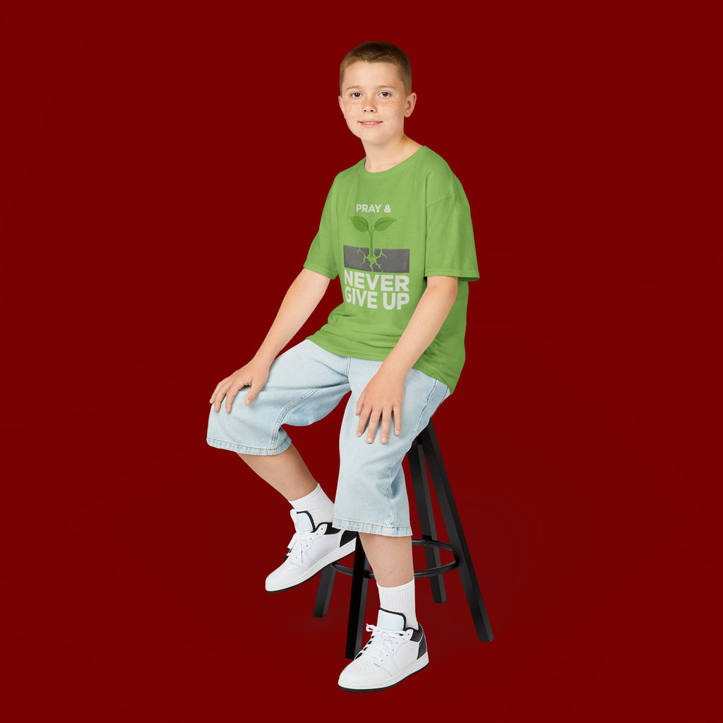 Kids Tee – "Pray & Never Give Up" Inspirational Plant Graphic
