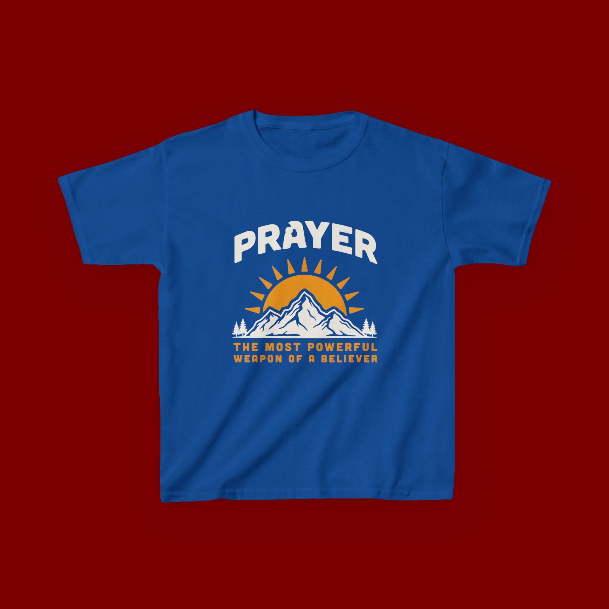 Kids Tee — "Prayer: The Most Powerful Weapon of a Believer" Mountain Sun Graphic