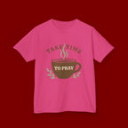 Kids Tee — "Take Time to Pray" Coffee Cup Faith Graphic
