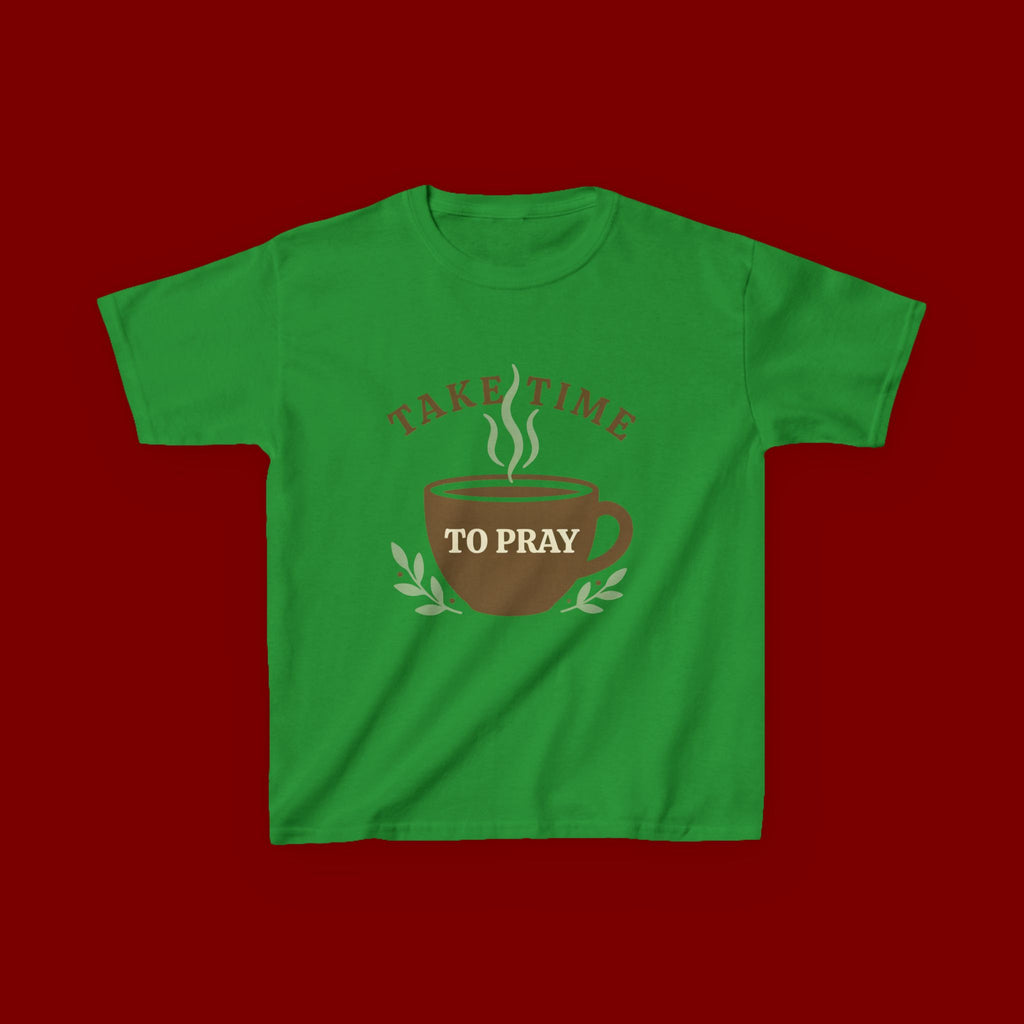 Kids Tee — "Take Time to Pray" Coffee Cup Faith Graphic