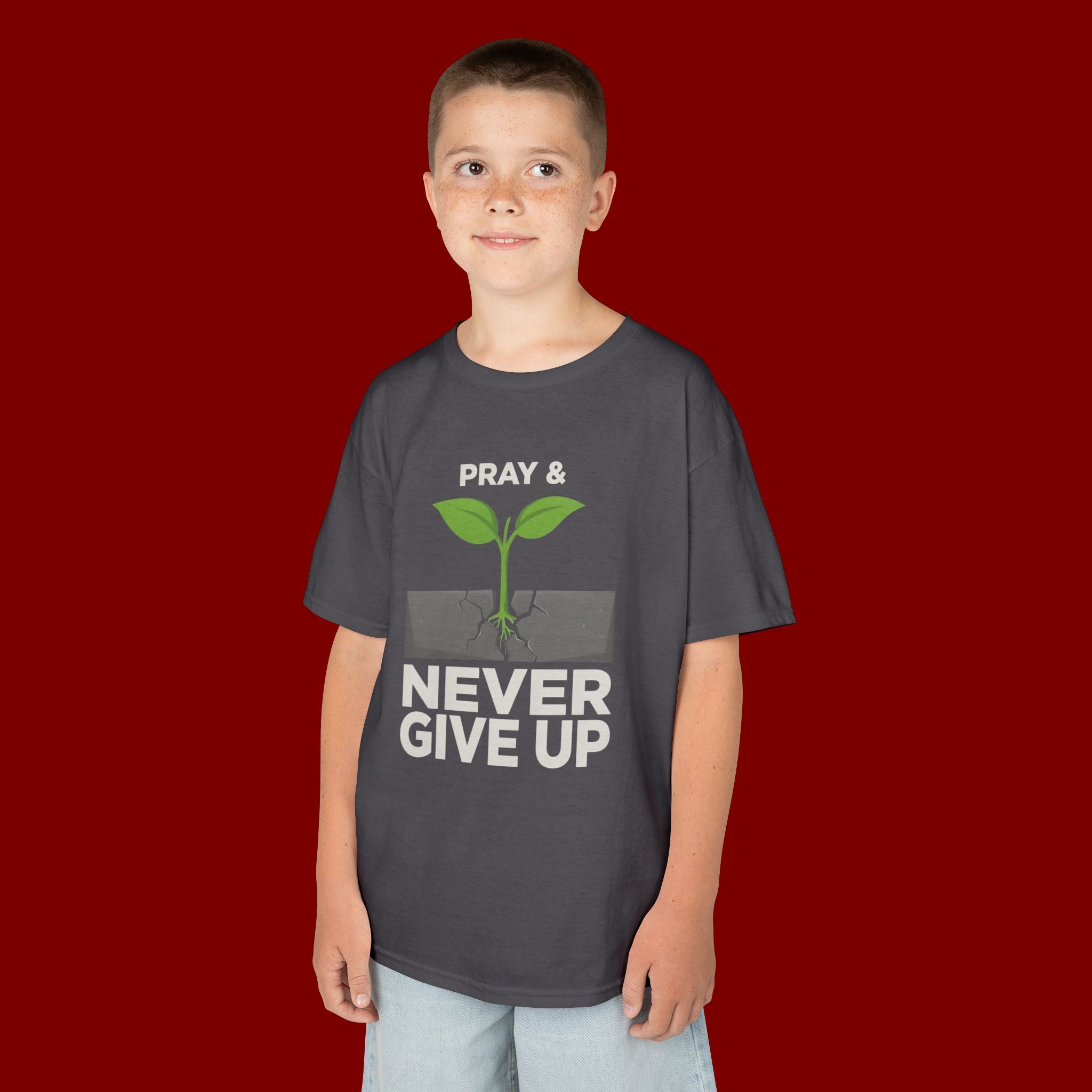 Kids Tee – "Pray & Never Give Up" Inspirational Plant Graphic