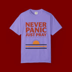 Never Panic Just Pray T‑Shirt — Retro Sunset Faith Tee