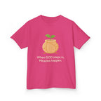 Kids Tee — "When GOD steps in, Miracles happen." Inspirational Christian T‑Shirt with Sprout Pot Design
