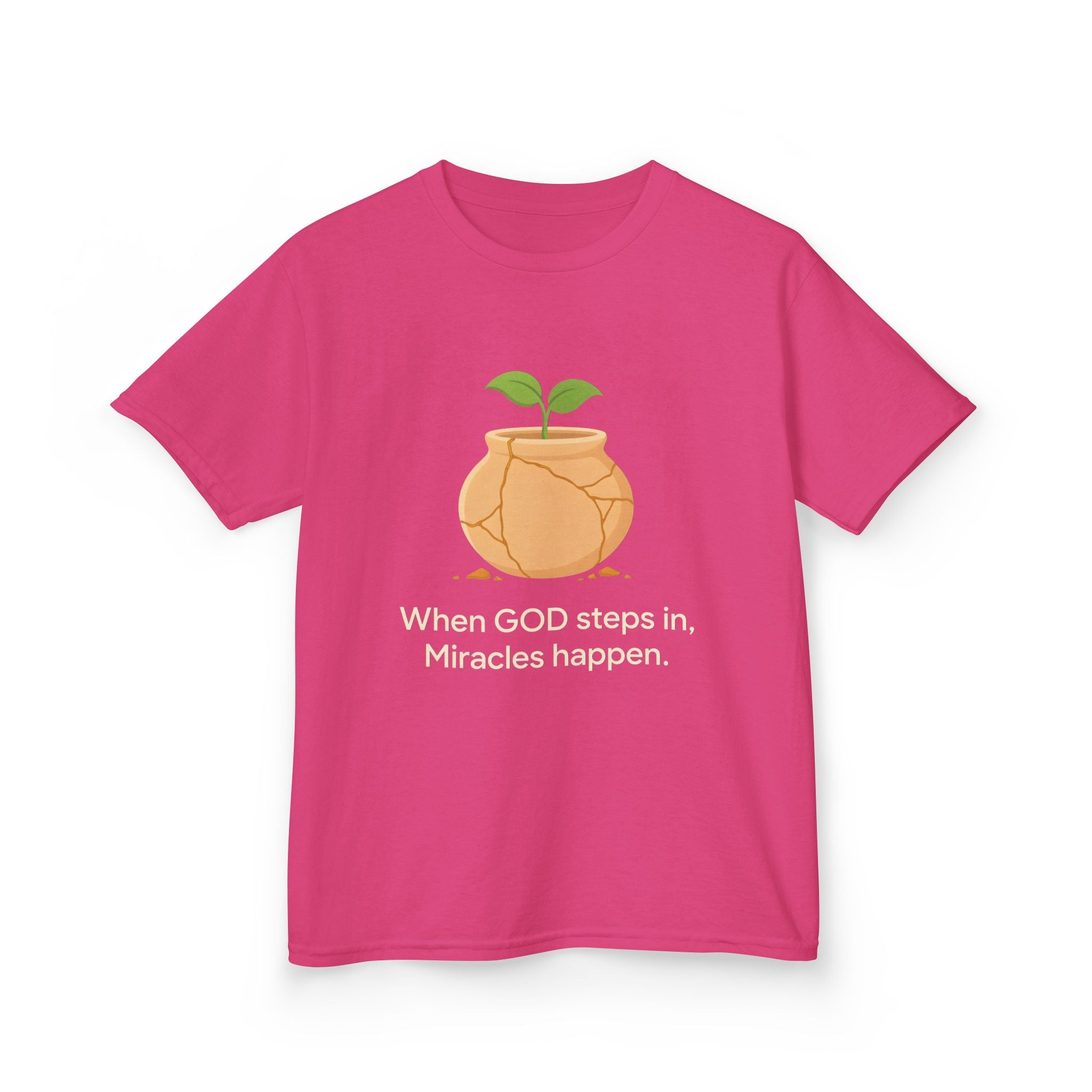 Kids Tee — "When GOD steps in, Miracles happen." Inspirational Christian T‑Shirt with Sprout Pot Design