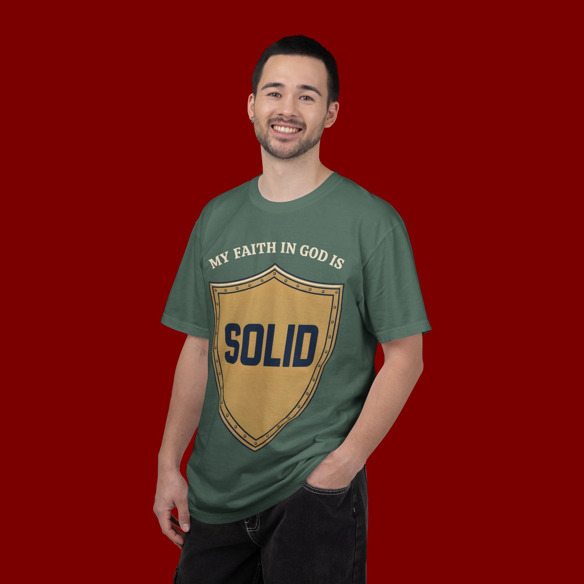 Solid Faith Shield T-Shirt — "My Faith in God Is Solid" Christian Tee