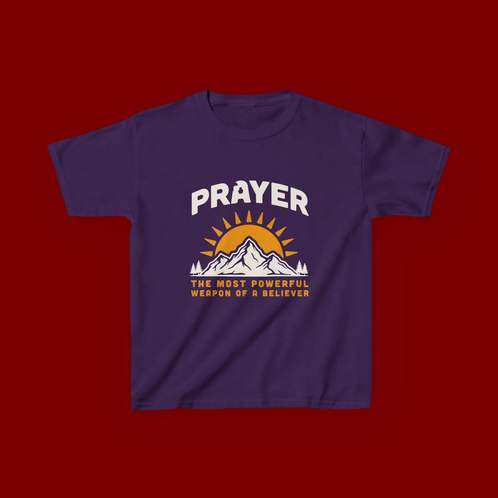 Kids Tee — "Prayer: The Most Powerful Weapon of a Believer" Mountain Sun Graphic