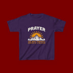 Kids Tee — "Prayer: The Most Powerful Weapon of a Believer" Mountain Sun Graphic