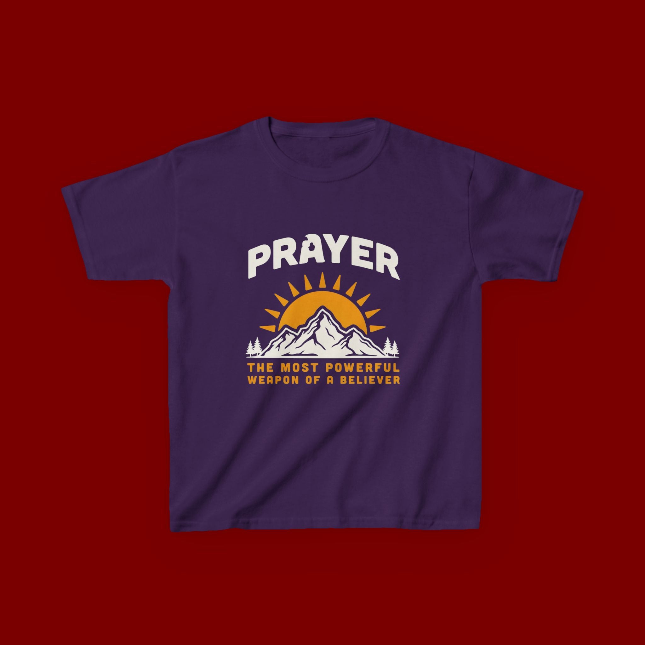 Kids Tee — "Prayer: The Most Powerful Weapon of a Believer" Mountain Sun Graphic