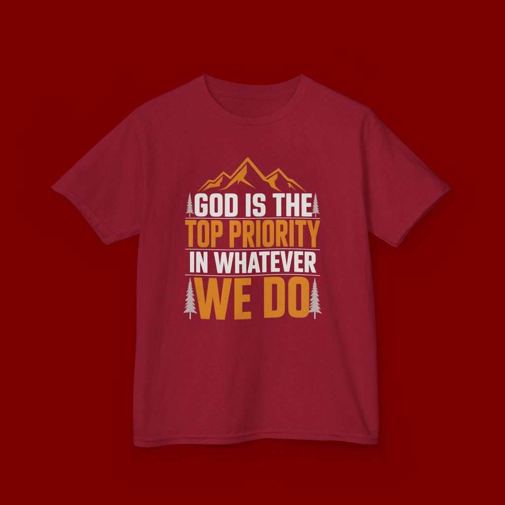 Kids Tee - "God Is the Top Priority in Whatever We Do" Faith Mountain Graphic