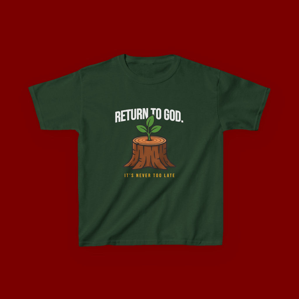 Return to God Kids T-Shirt – Tree Stump with Sprout, “It’s Never Too Late” Inspirational Youth Tee