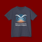 Kids Tee — “When God Steps In, Miracles Happen” Wave Heart Faith Shirt