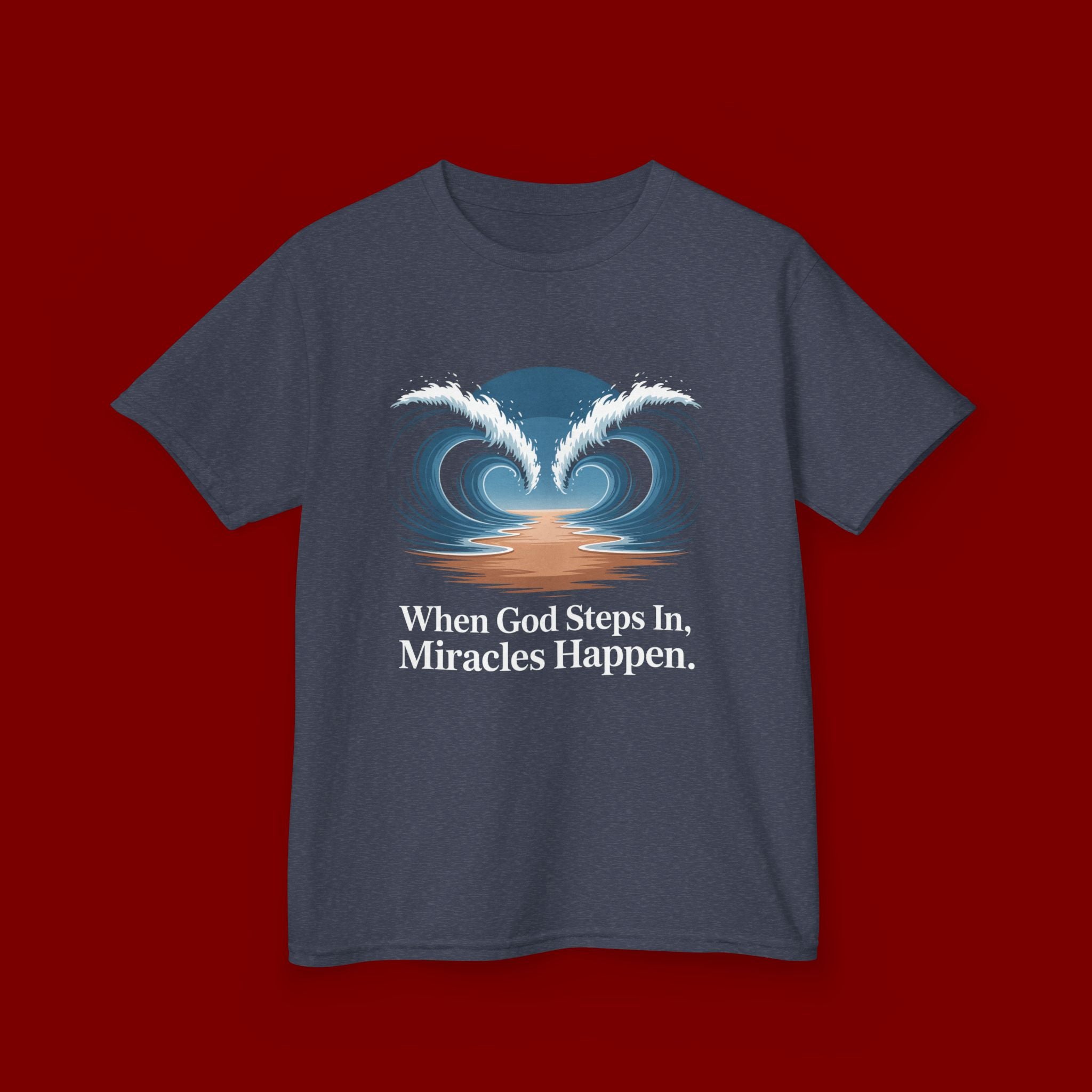 Kids Tee — “When God Steps In, Miracles Happen” Wave Heart Faith Shirt