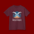 Kids Tee — “When God Steps In, Miracles Happen” Wave Heart Faith Shirt