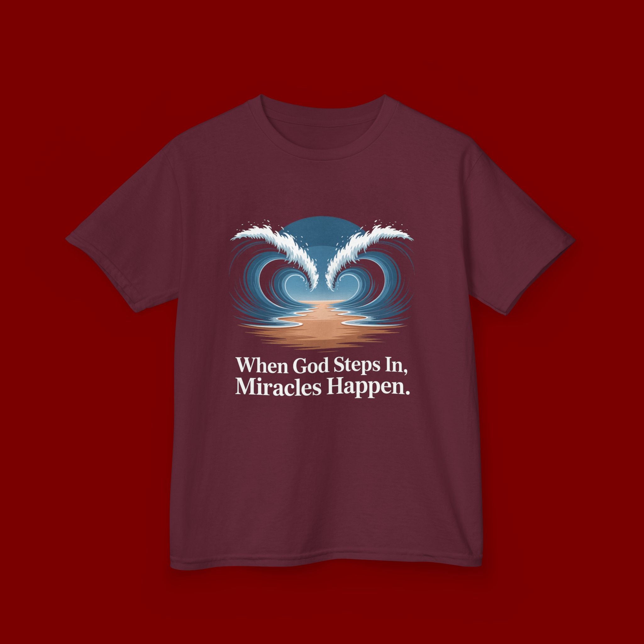 Kids Tee — “When God Steps In, Miracles Happen” Wave Heart Faith Shirt