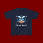 Kids Tee — “When God Steps In, Miracles Happen” Wave Heart Faith Shirt