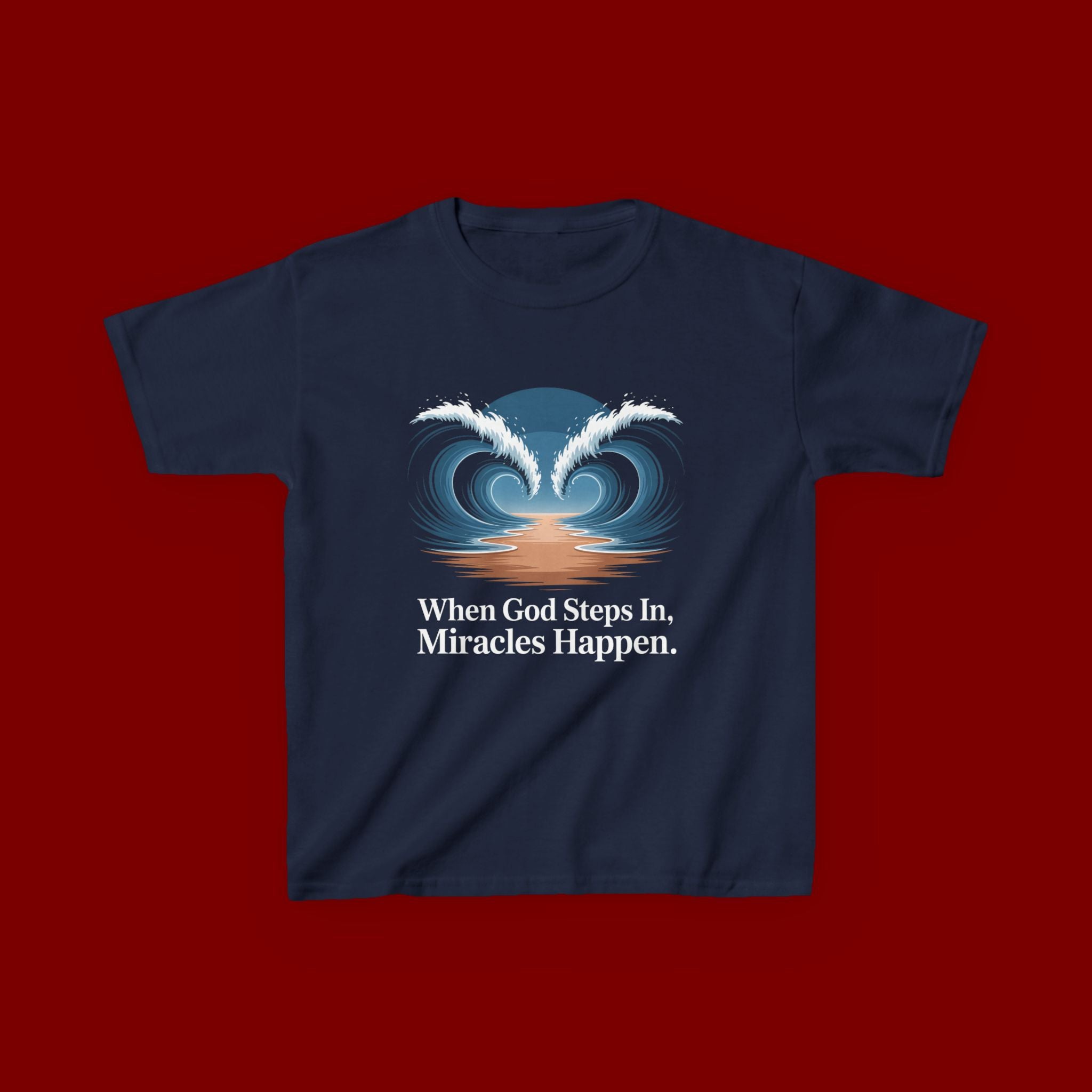 Kids Tee — “When God Steps In, Miracles Happen” Wave Heart Faith Shirt