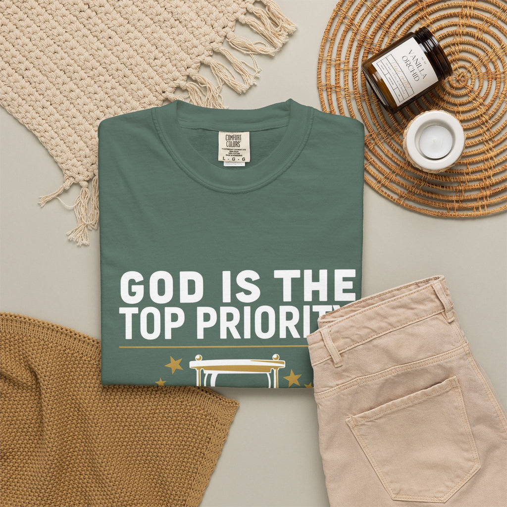 God Is The Top Priority T-Shirt — Faith Christian Inspirational Tee with Hourglass Design