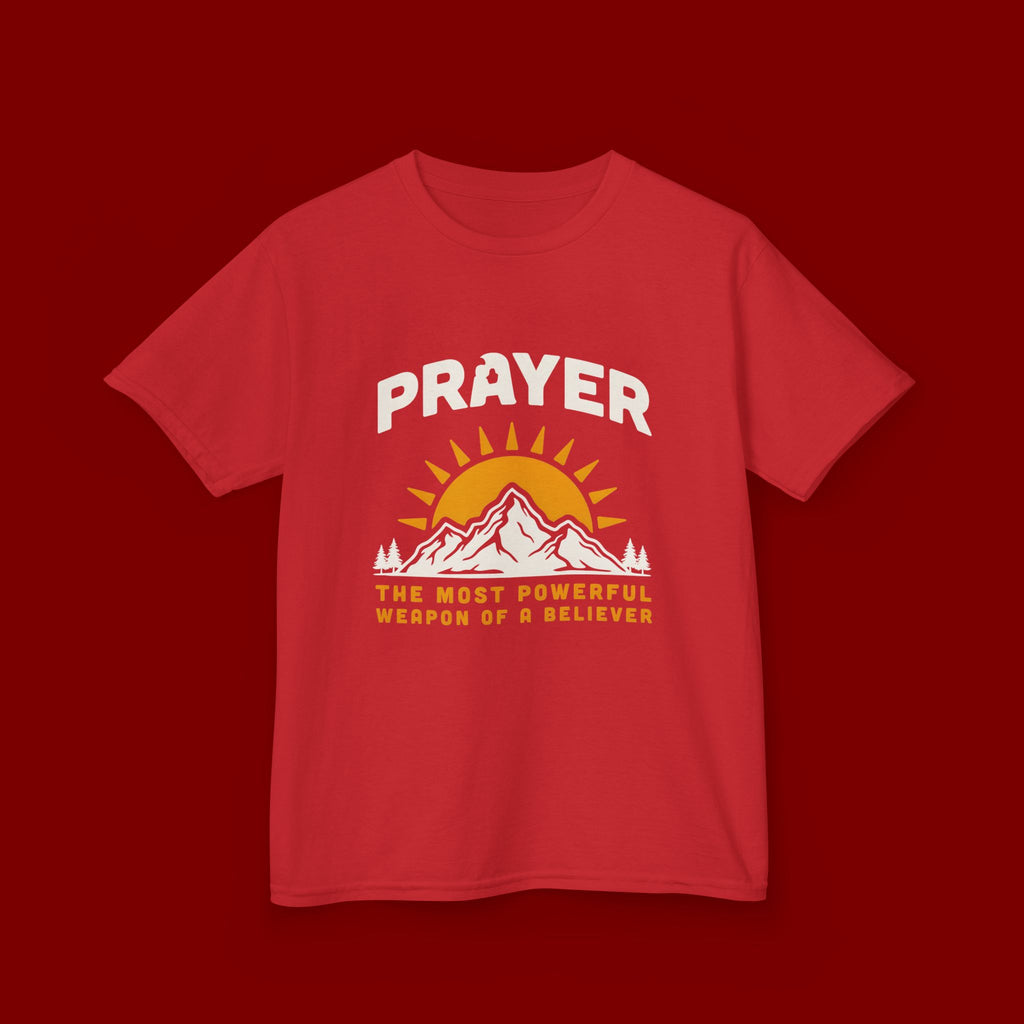 Kids Tee — "Prayer: The Most Powerful Weapon of a Believer" Mountain Sun Graphic