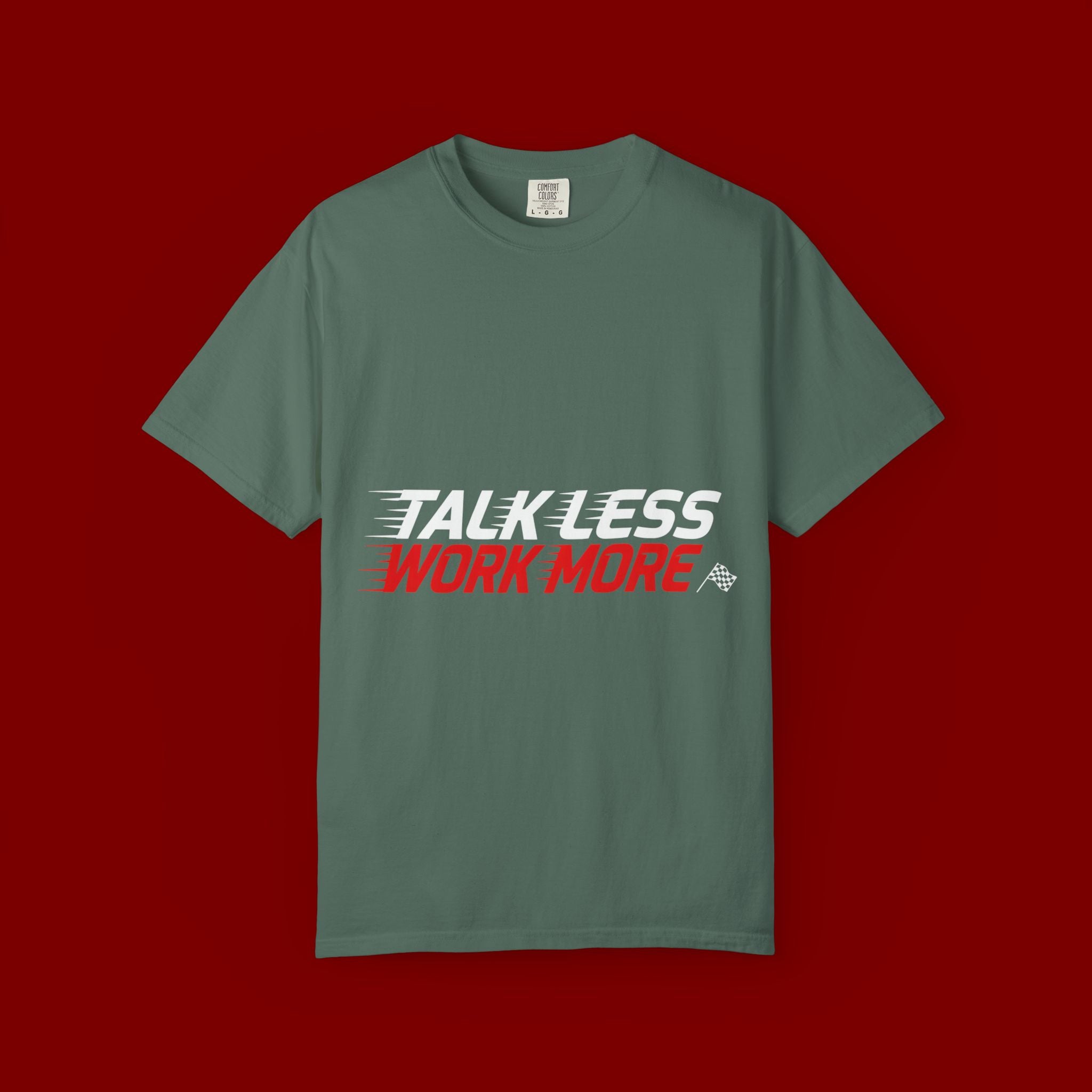 Work More Graphic T-Shirt — Bold Red Minimalist Slogan Tee