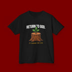 Return to God Kids T-Shirt – Tree Stump with Sprout, “It’s Never Too Late” Inspirational Youth Tee