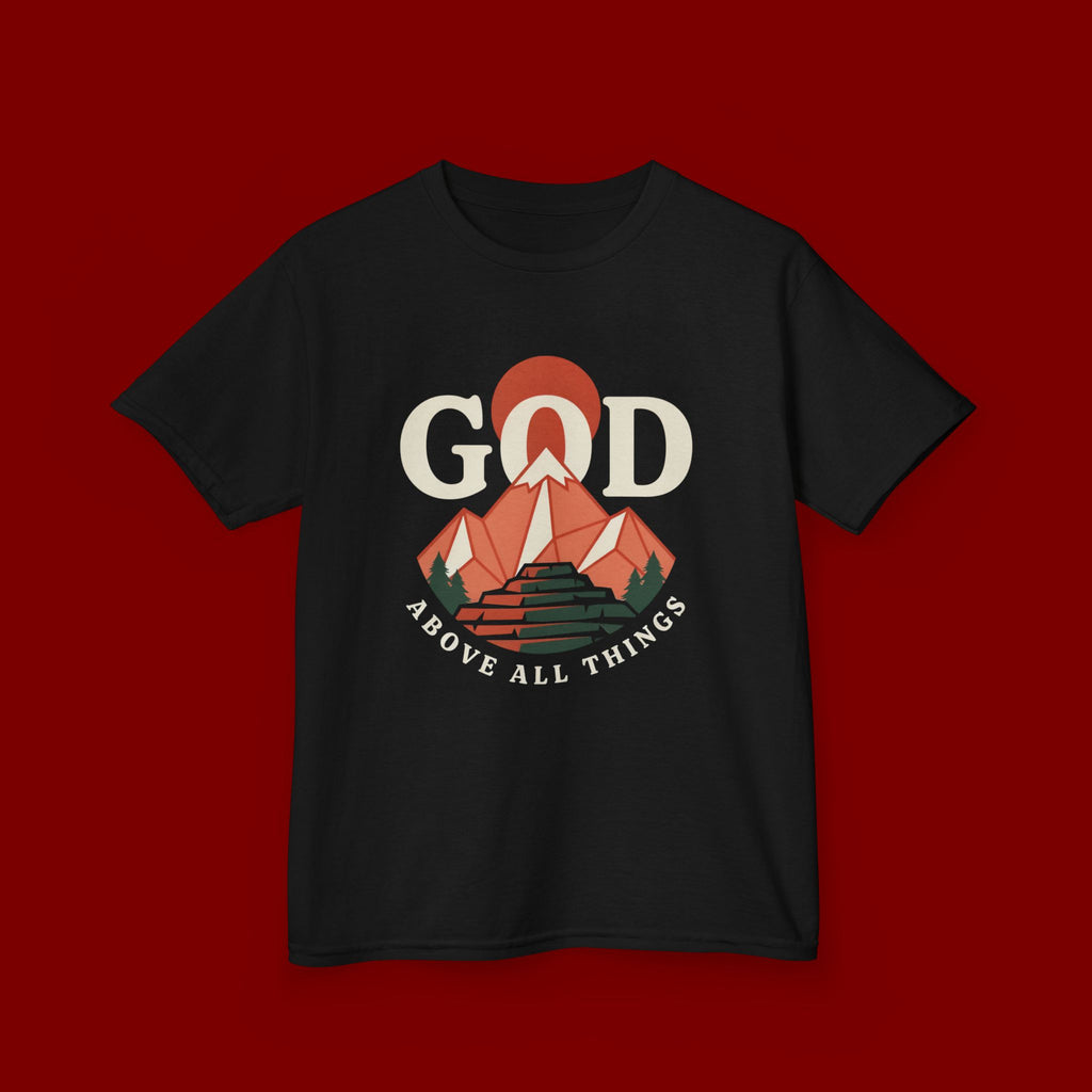 Kids Tee – 'GOD' Mountain Sunrise Faith Graphic