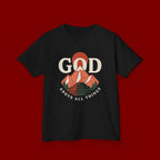 Kids Tee – 'GOD' Mountain Sunrise Faith Graphic