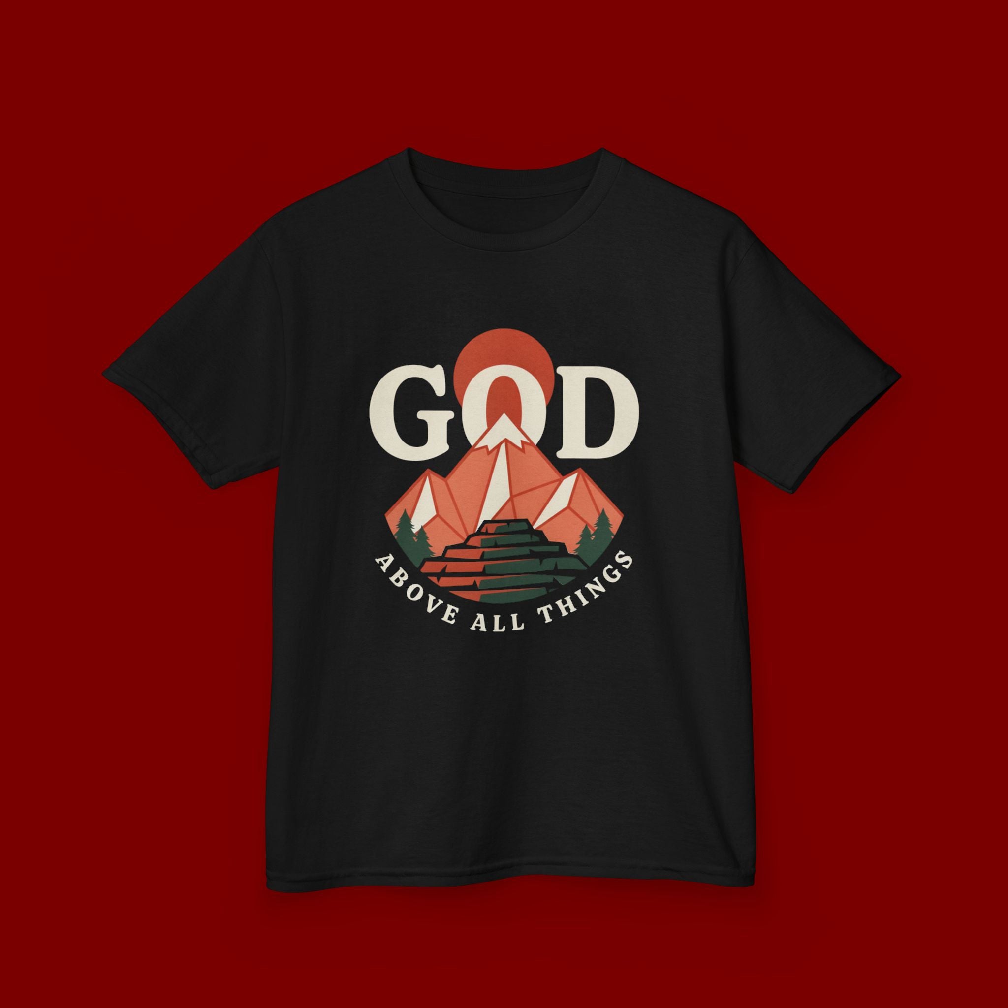 Kids Tee – 'GOD' Mountain Sunrise Faith Graphic