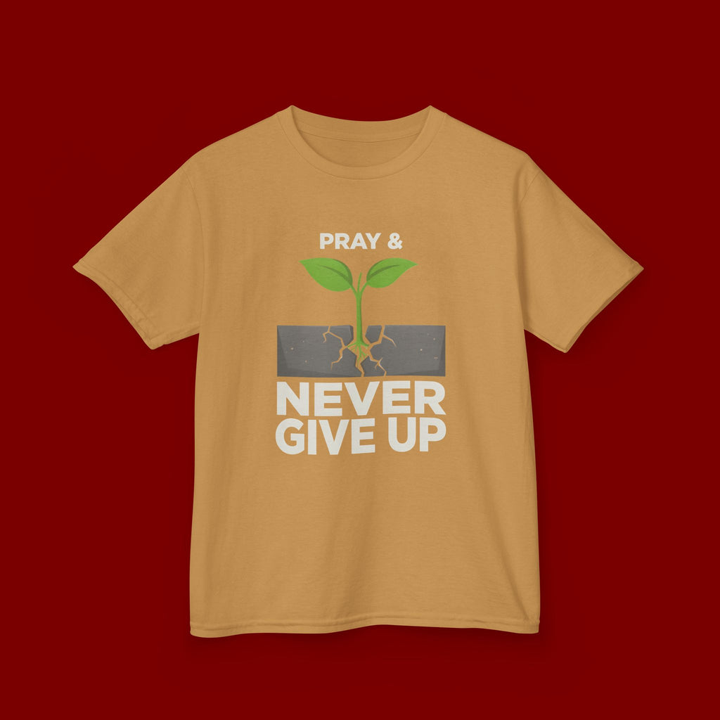 Kids Tee – "Pray & Never Give Up" Inspirational Plant Graphic